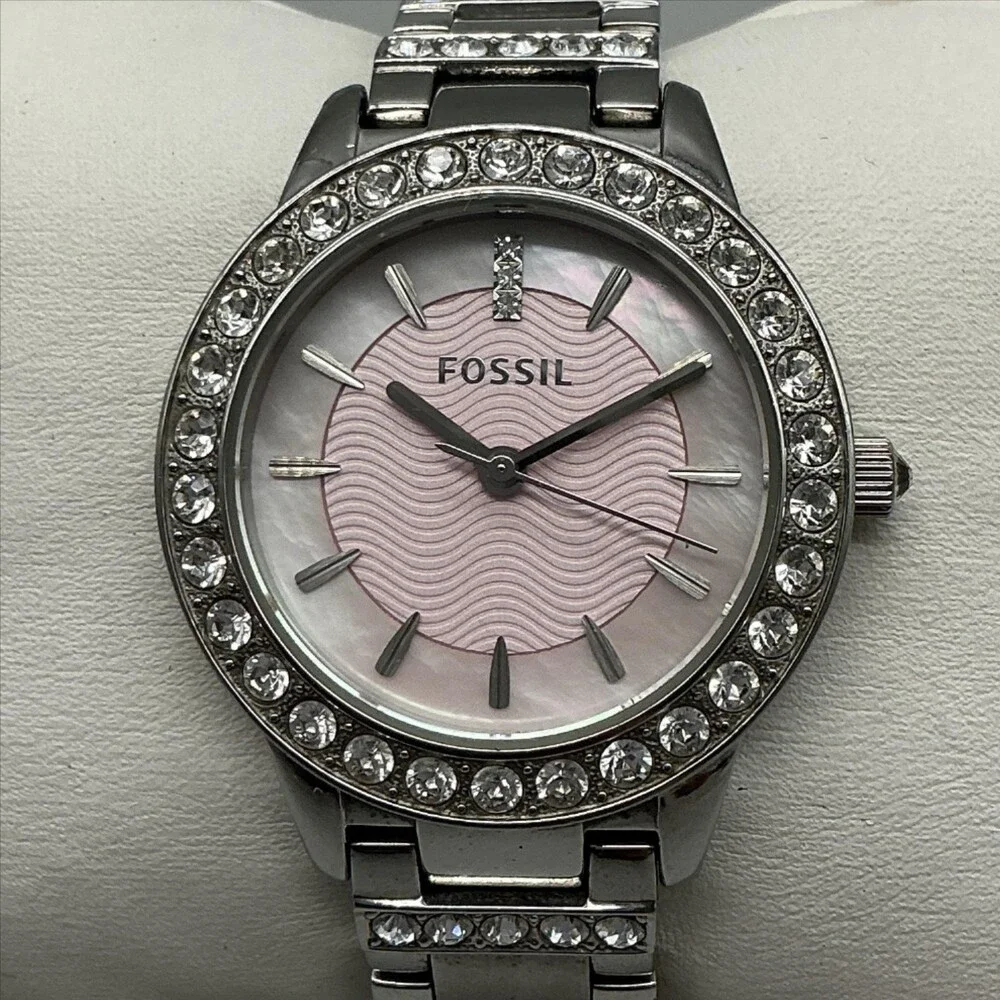 Fossil Womens Watch 34mm Pink MOP Crystals Stainless Bracelet New Battery 6